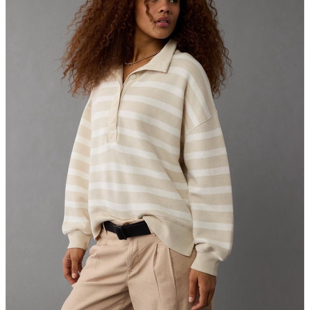 American Eagle Women S Oversized Boxy Henley Fleece Stripe Sweatshirt Beige